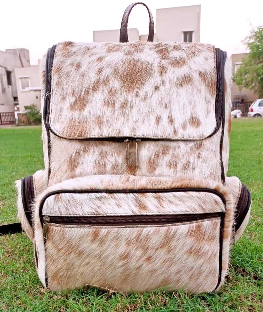 Cream Tricolor Cowhide Backpack – Handmade Hair-On Leather Travel Bag, Diaper Bag, School Bag, Western Nappy Bag, Gift for Kids or Mom