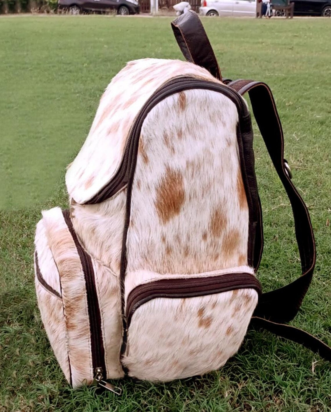 Cream Tricolor Cowhide Backpack – Handmade Hair-On Leather Travel Bag, Diaper Bag, School Bag, Western Nappy Bag, Gift for Kids or Mom