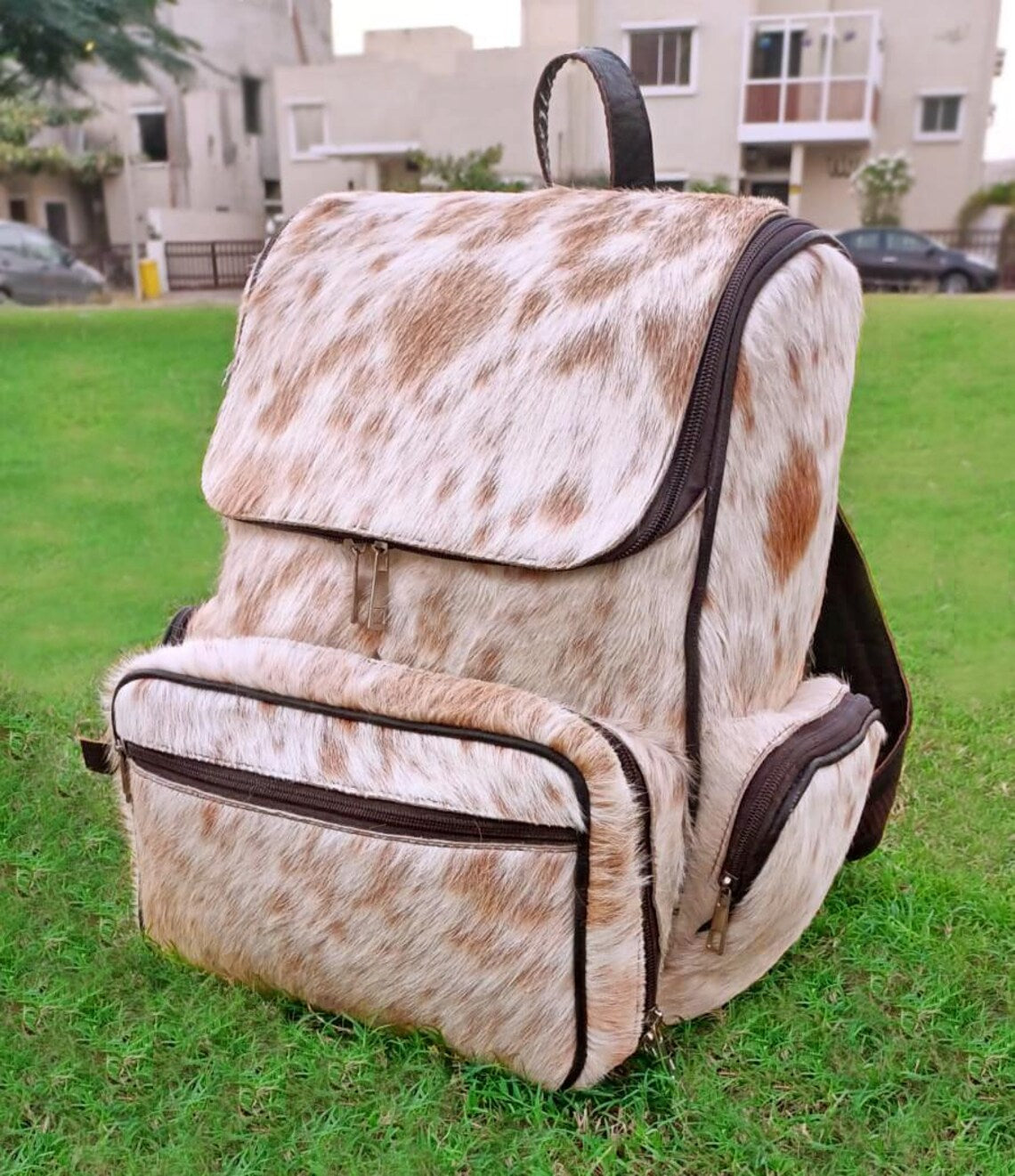 Cream Tricolor Cowhide Backpack – Handmade Hair-On Leather Travel Bag, Diaper Bag, School Bag, Western Nappy Bag, Gift for Kids or Mom
