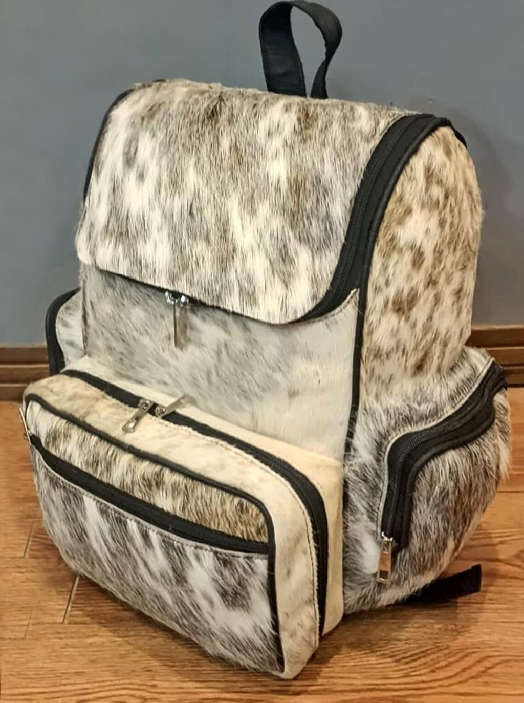 Gray Tricolor Cowhide Backpack – Real Leather Travel Bag, Diaper Bag, Western School Backpack | Handmade Gift for Mom & Kids BG09