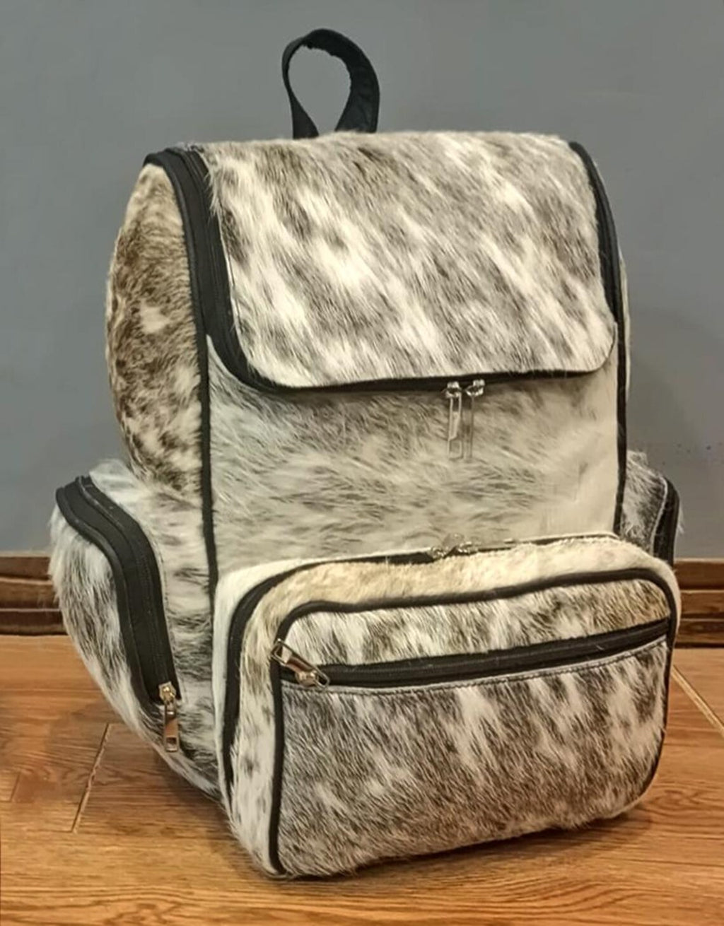 Gray Tricolor Cowhide Backpack – Real Leather Travel Bag, Diaper Bag, Western School Backpack | Handmade Gift for Mom & Kids BG09