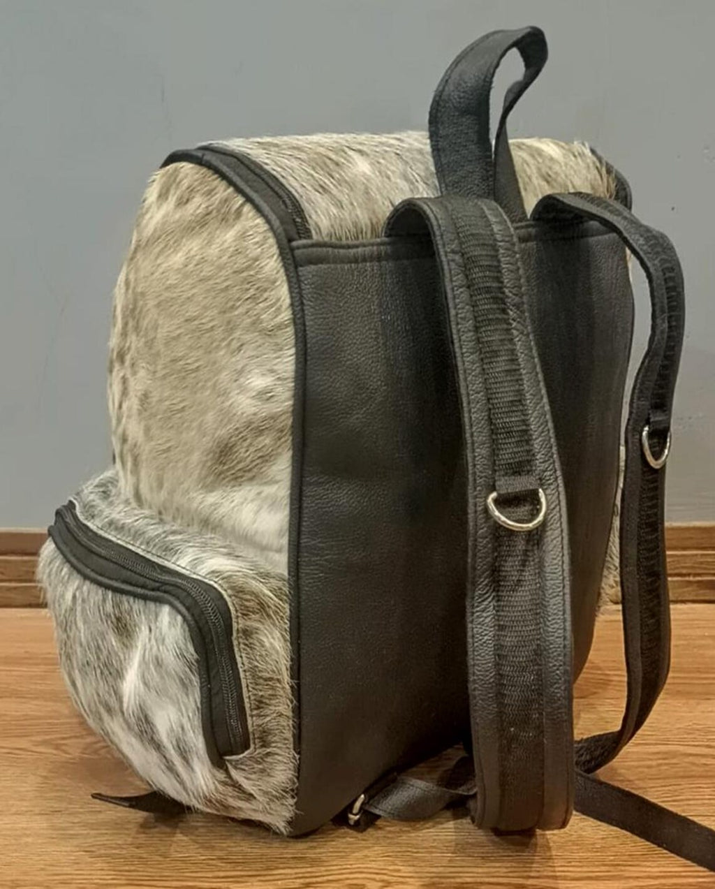 Gray Tricolor Cowhide Backpack – Real Leather Travel Bag, Diaper Bag, Western School Backpack | Handmade Gift for Mom & Kids BG09
