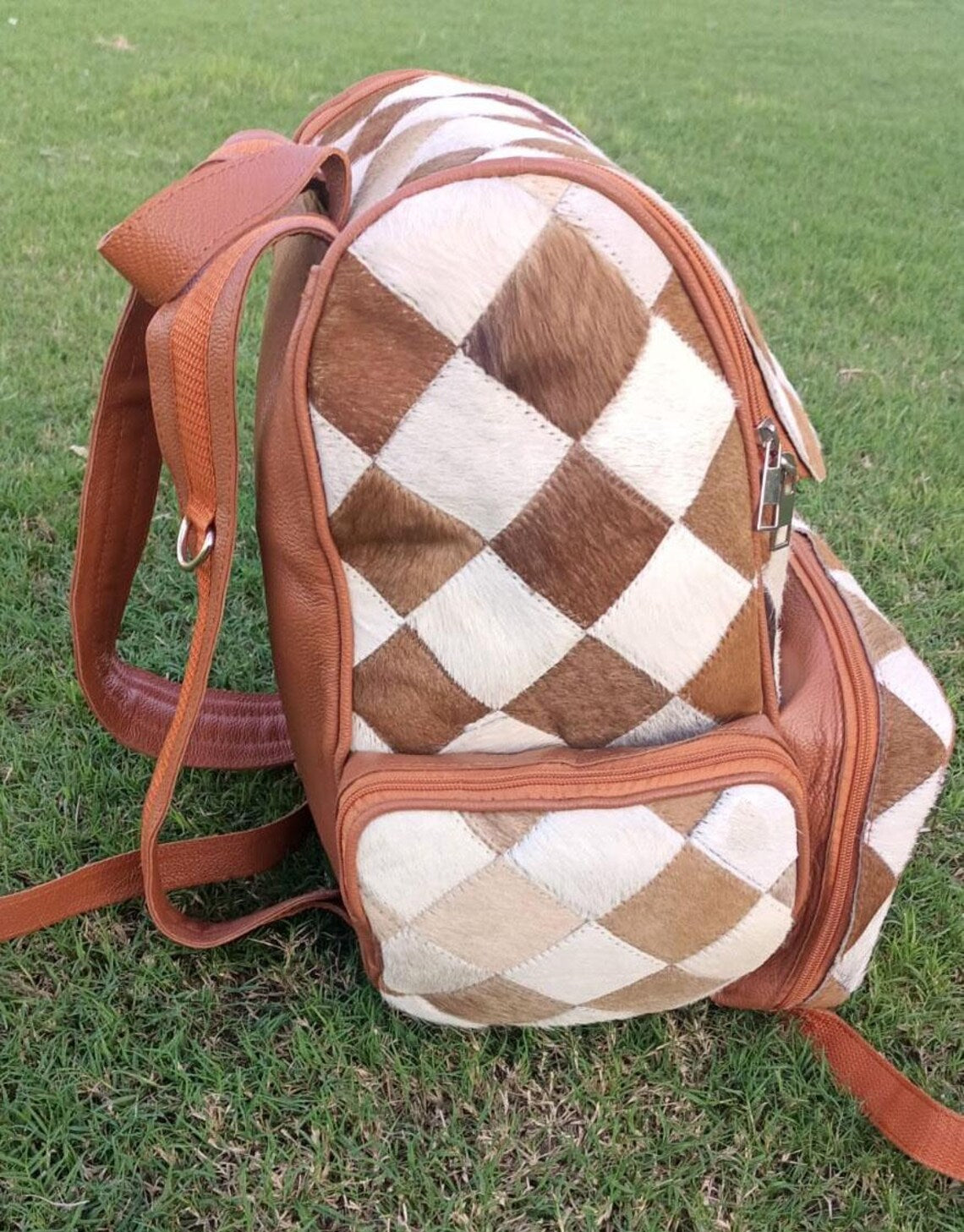 Cowhide Patchwork Leather Backpack – Real Hair-On Travel Bag, Diaper Bag, School Bag, Handmade Backpack Gift for Mom & Ki