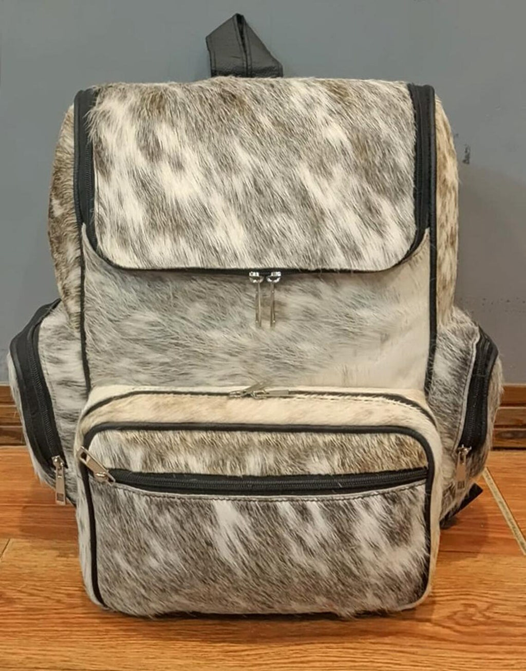 Gray Tricolor Cowhide Backpack – Real Leather Travel Bag, Diaper Bag, Western School Backpack | Handmade Gift for Mom & Kids BG09