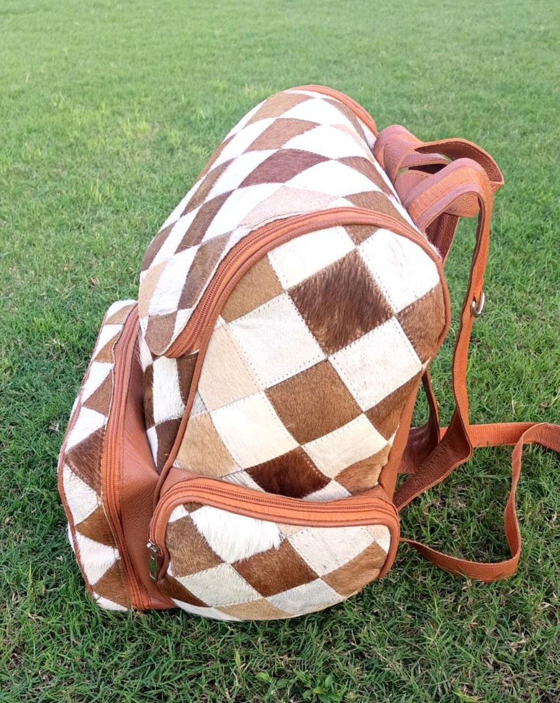 Cowhide Patchwork Leather Backpack – Real Hair-On Travel Bag, Diaper Bag, School Bag, Handmade Backpack Gift for Mom & Ki