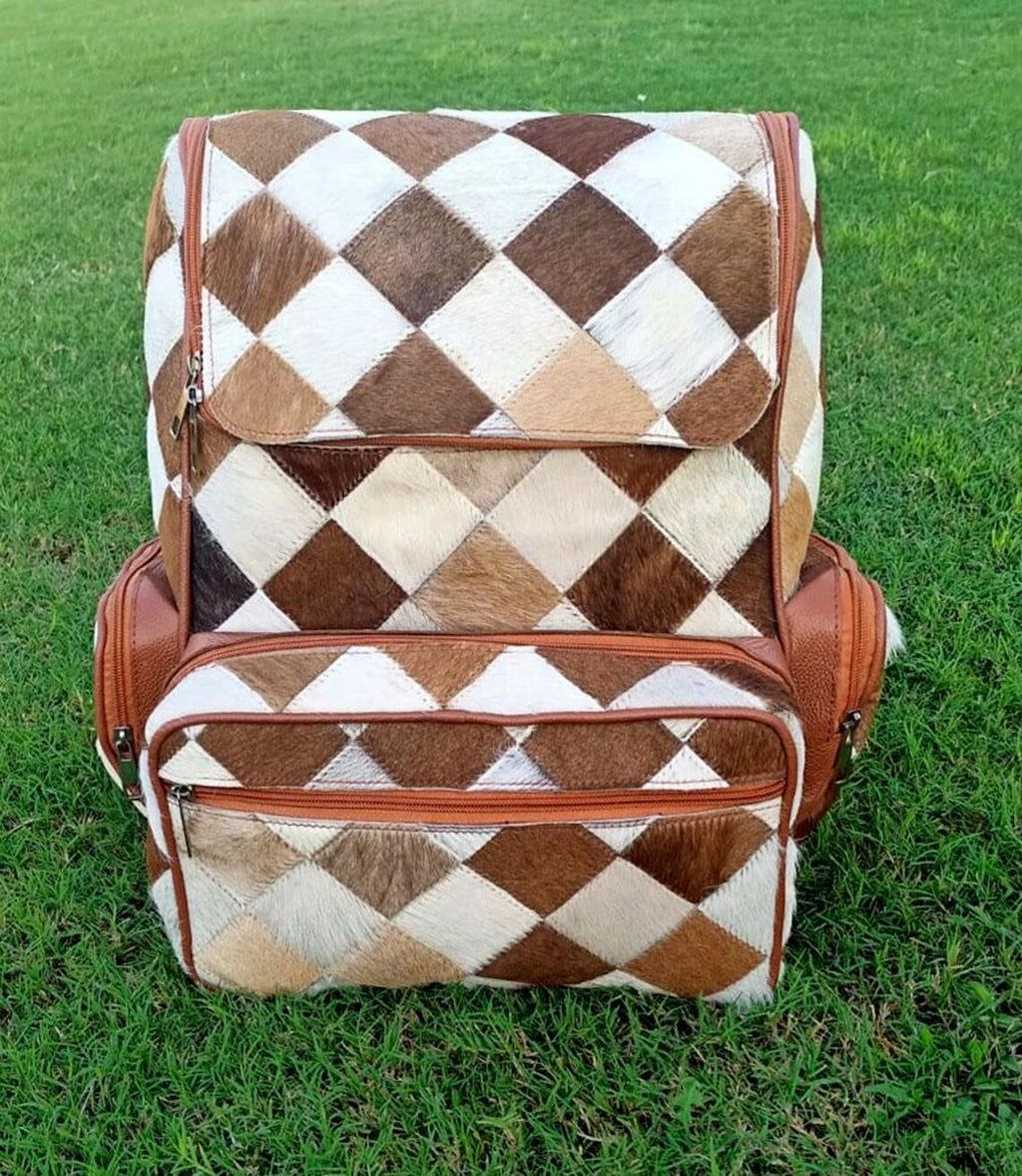 Cowhide Patchwork Leather Backpack – Real Hair-On Travel Bag, Diaper Bag, School Bag, Handmade Backpack Gift for Mom & Ki