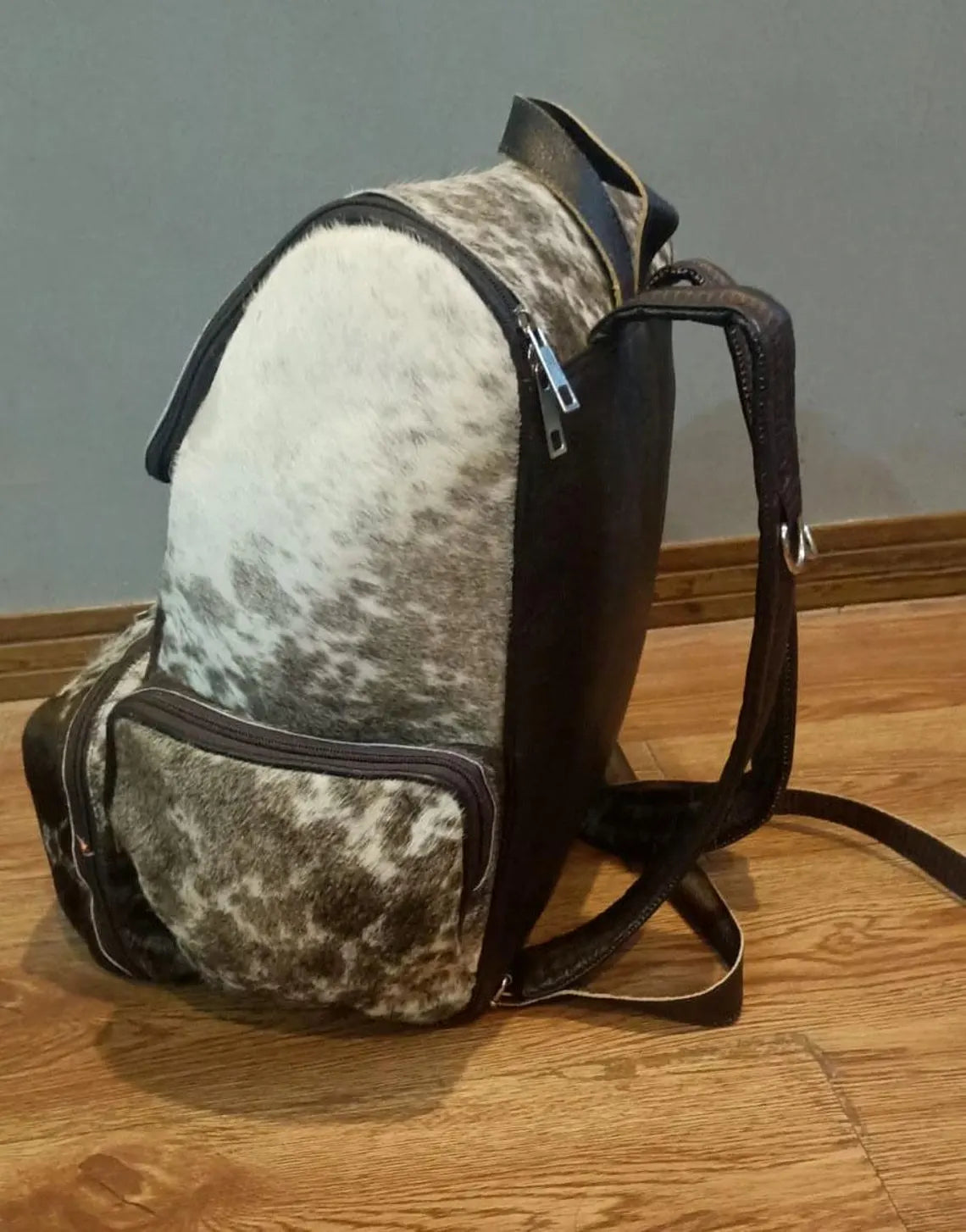 Tricolor Cowhide Backpack – Real Leather Travel Diaper Bag, School Bag, Western Shoulder Backpack | Handmade Gift for Mom & Kids BG12