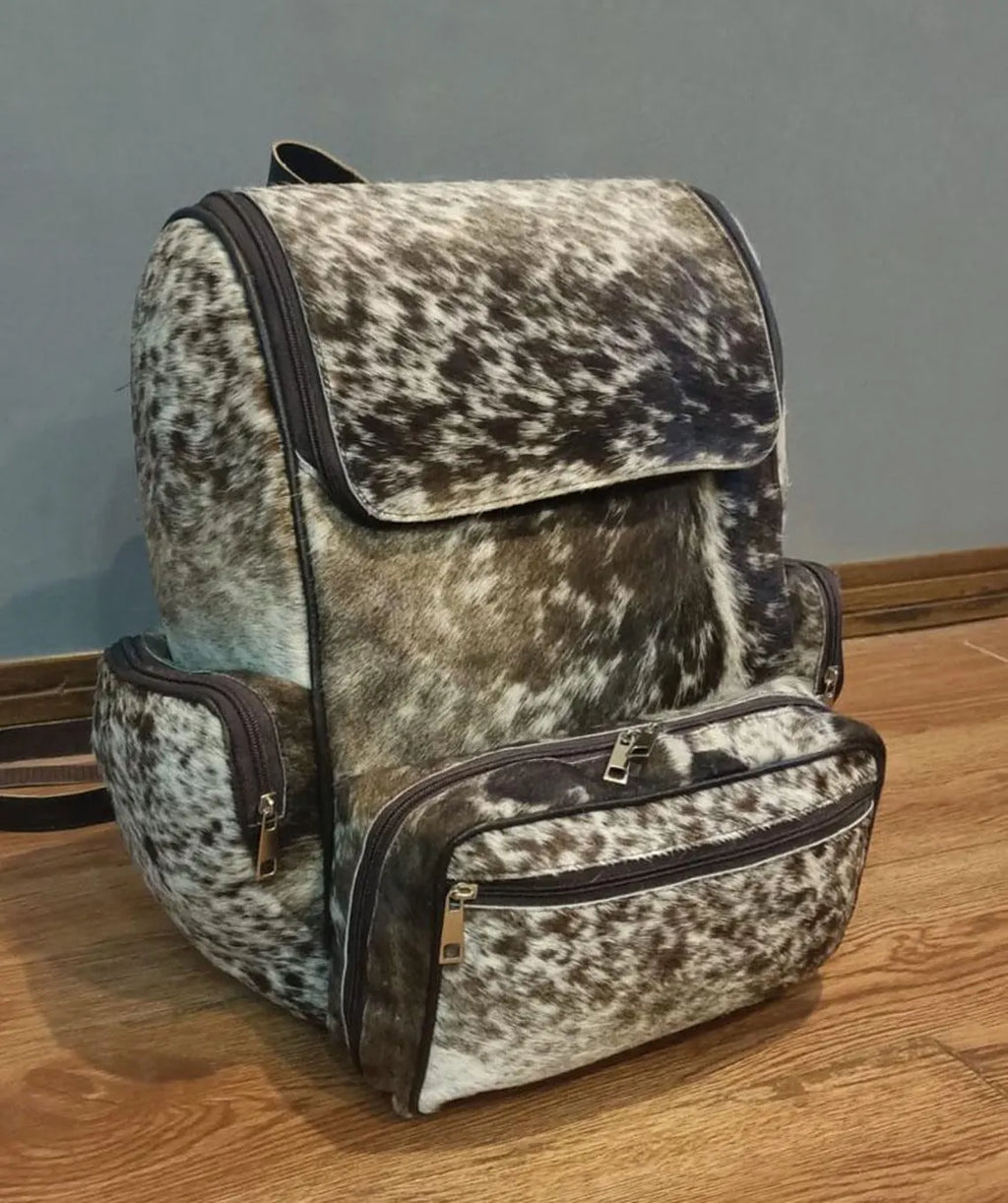 Tricolor Cowhide Backpack – Real Leather Travel Diaper Bag, School Bag, Western Shoulder Backpack | Handmade Gift for Mom & Kids BG12