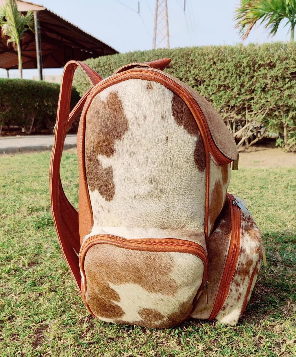 Brown & White Cowhide Backpack – Real Leather Travel Bag, School Bag, Diaper Bag | Western Shoulder Backpack | Unique Gift for Mom & Kids (BG05)