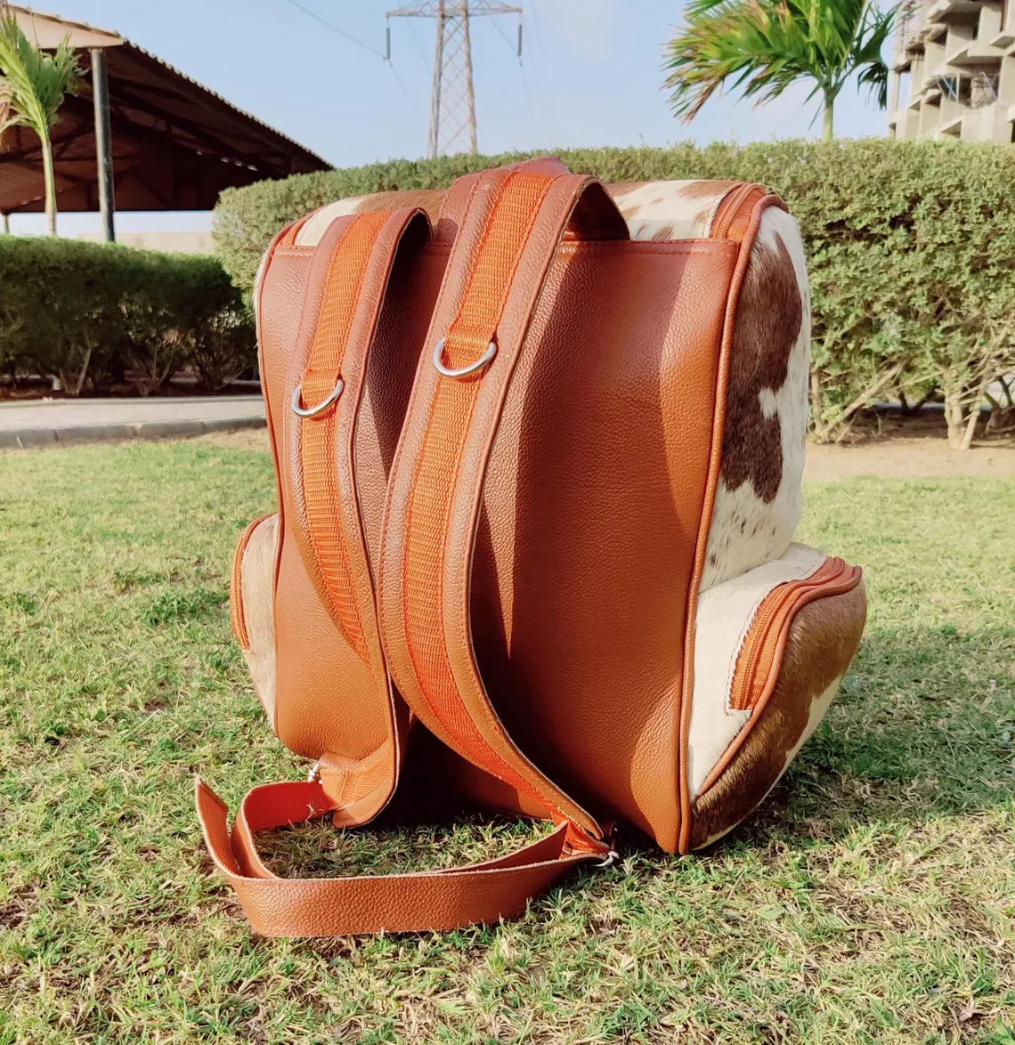Brown & White Cowhide Backpack – Real Leather Travel Bag, School Bag, Diaper Bag | Western Shoulder Backpack | Unique Gift for Mom & Kids (BG05)