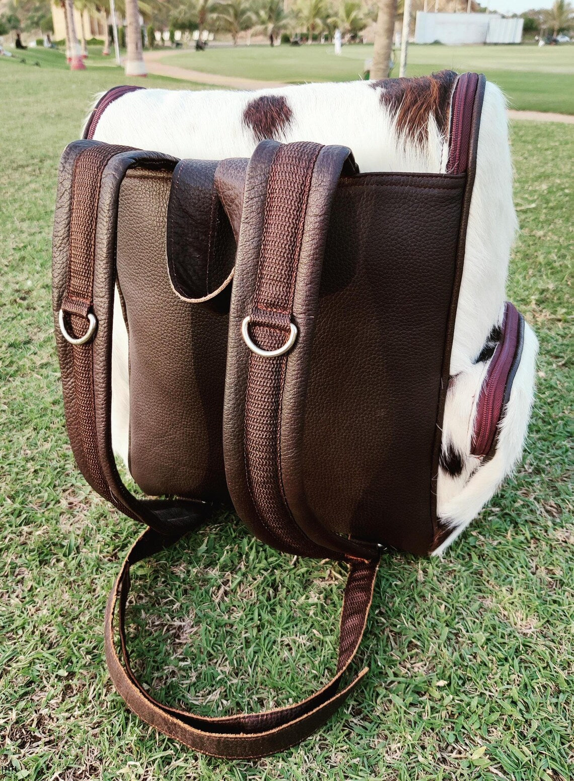 Black & White Cowhide Leather Backpack – Handmade Hair-on-Hide Travel, School, Diaper Bag | Western Shoulder Bag Gift for Mom or Kids