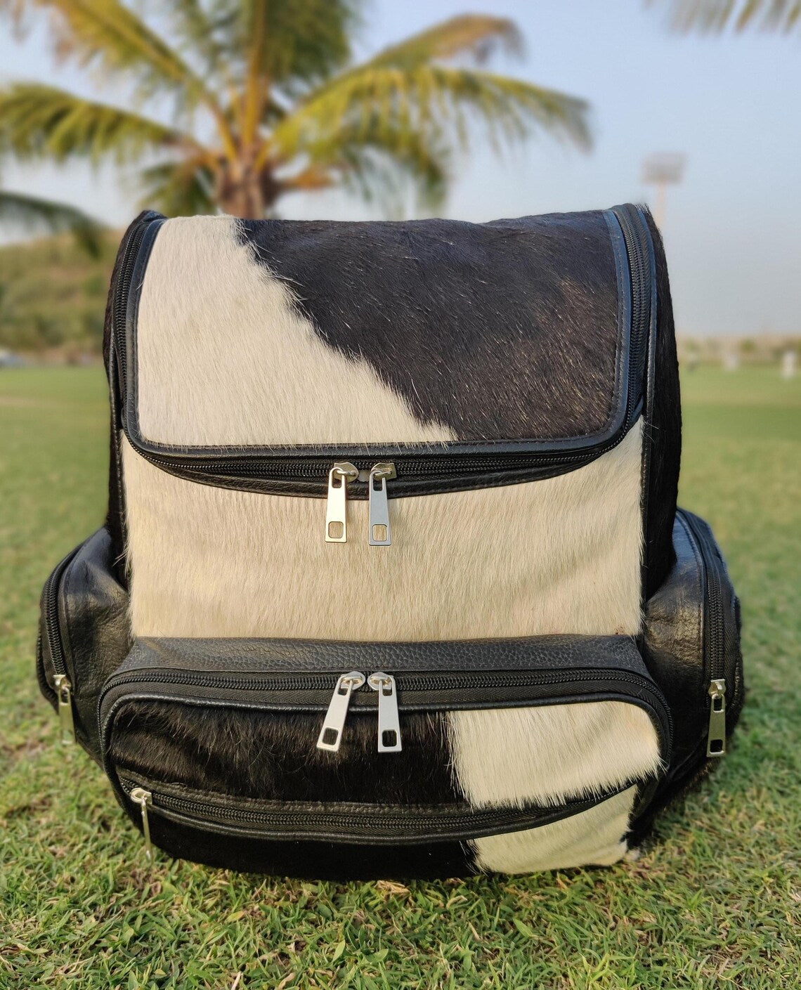 Panda Brindle Cowhide Leather Backpack – Black & White Hair-On Hide Travel Bag | Diaper Bag | School Shoulder Bag | Gift for Mom & Kids – BG06