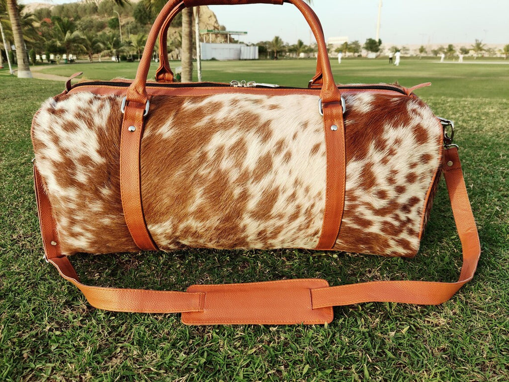 Cowhide Leather Duffel Bag – Genuine Brown & White Hair-on-Hide Weekend Travel Bag | Handmade Large Overnight Tote for Men & Women by Pinnacle Vista