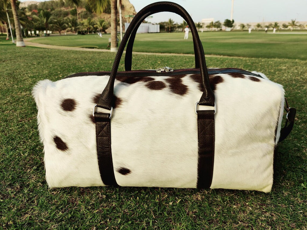 Cowhide Leather Duffel Bag – Genuine Brown & White Hair-on-Hide Weekend Travel Bag | Handmade Large Overnight Tote for Men & Women by Pinnacle Vista