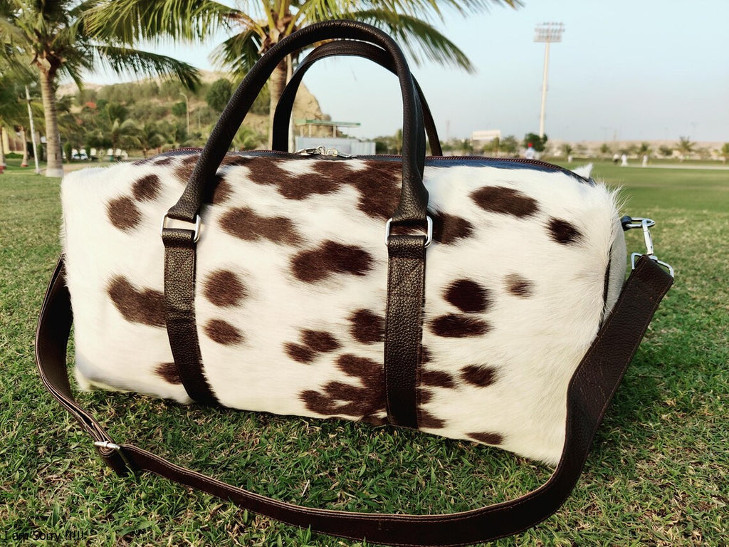 Cowhide Leather Duffel Bag – Genuine Brown & White Hair-on-Hide Weekend Travel Bag | Handmade Large Overnight Tote for Men & Women by Pinnacle Vista