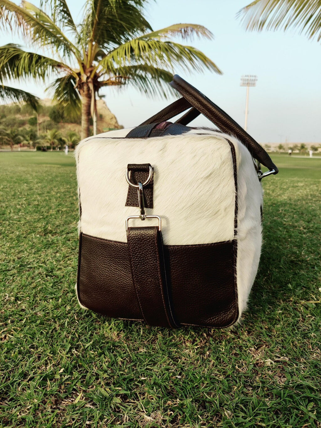 Cowhide Leather Duffel Bag – Genuine Brown & White Hair-on-Hide Weekend Travel Bag | Handmade Large Overnight Tote for Men & Women by Pinnacle Vista