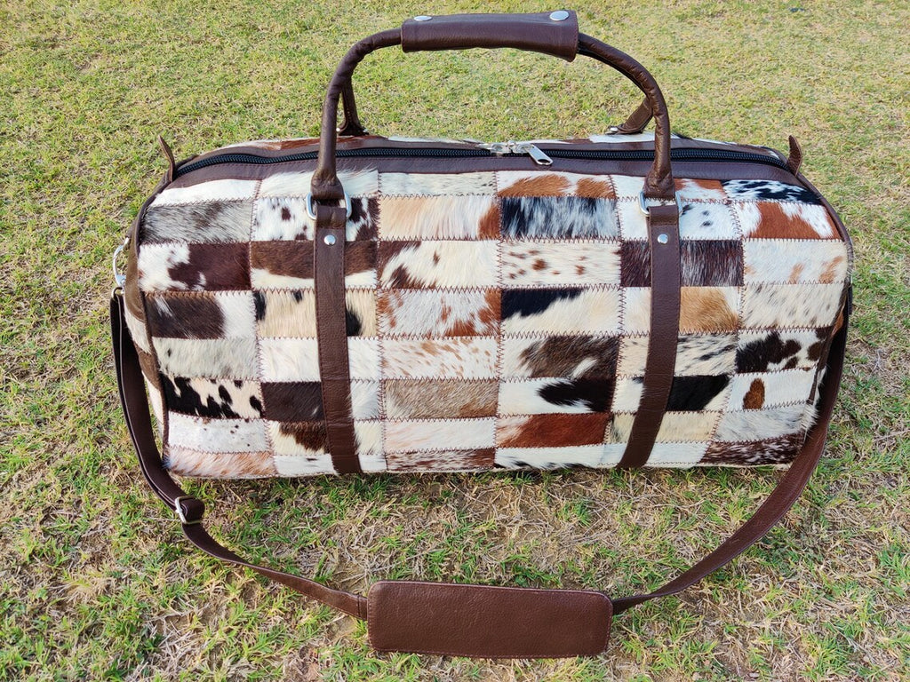Patchwork Cowhide Leather Duffel Bag – Large Handmade Travel Weekender Bag | Black & White Hair-on-Hide Genuine Leather Overnight Tote by Pinnacle Vista