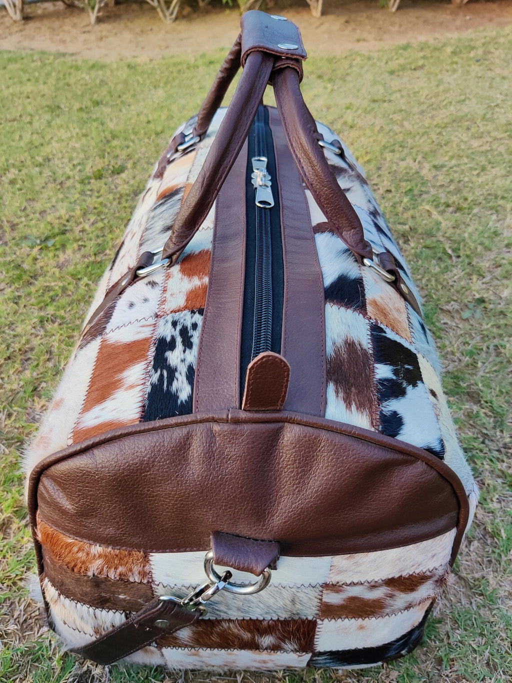 Patchwork Cowhide Leather Duffel Bag – Large Handmade Travel Weekender Bag | Black & White Hair-on-Hide Genuine Leather Overnight Tote by Pinnacle Vista