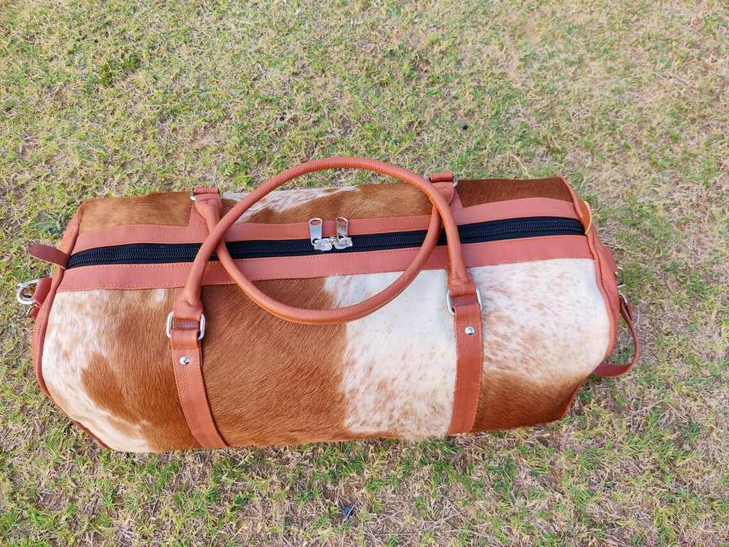 Brown & White Cowhide Leather Duffel Bag – Real Hair-on-Hide Travel, Gym, and Weekender Bag | Handmade Overnight Tote by Pinnacle Vista