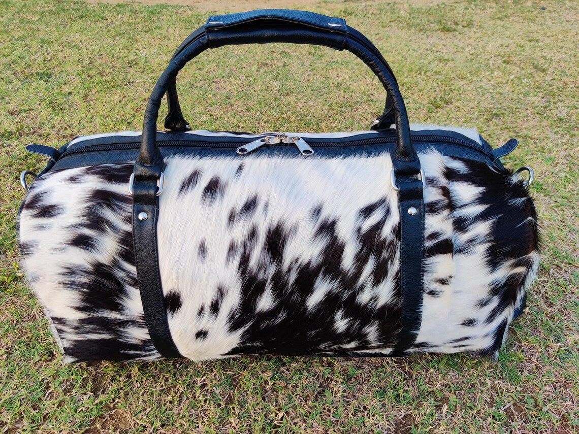 Salt & Pepper Cowhide Leather Duffel Bag – Real Hair-on-Hide Travel, Diaper, School, Gym or Shoulder Bag | Handmade Western Gift for Mom, Kids – Pinnacle Vista