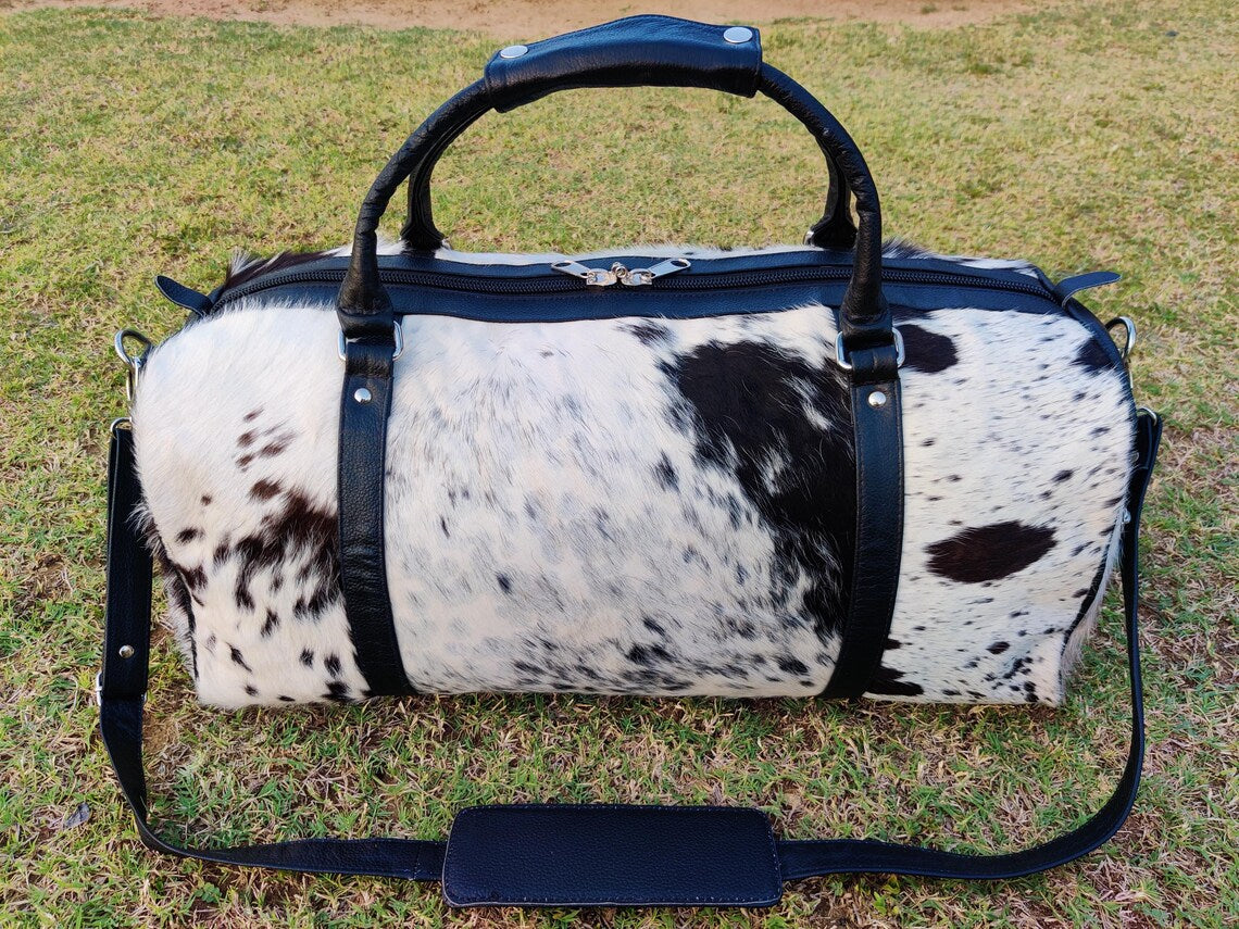 Salt & Pepper Cowhide Leather Duffel Bag – Real Hair-on-Hide Travel, Diaper, School, Gym or Shoulder Bag | Handmade Western Gift for Mom, Kids – Pinnacle Vista