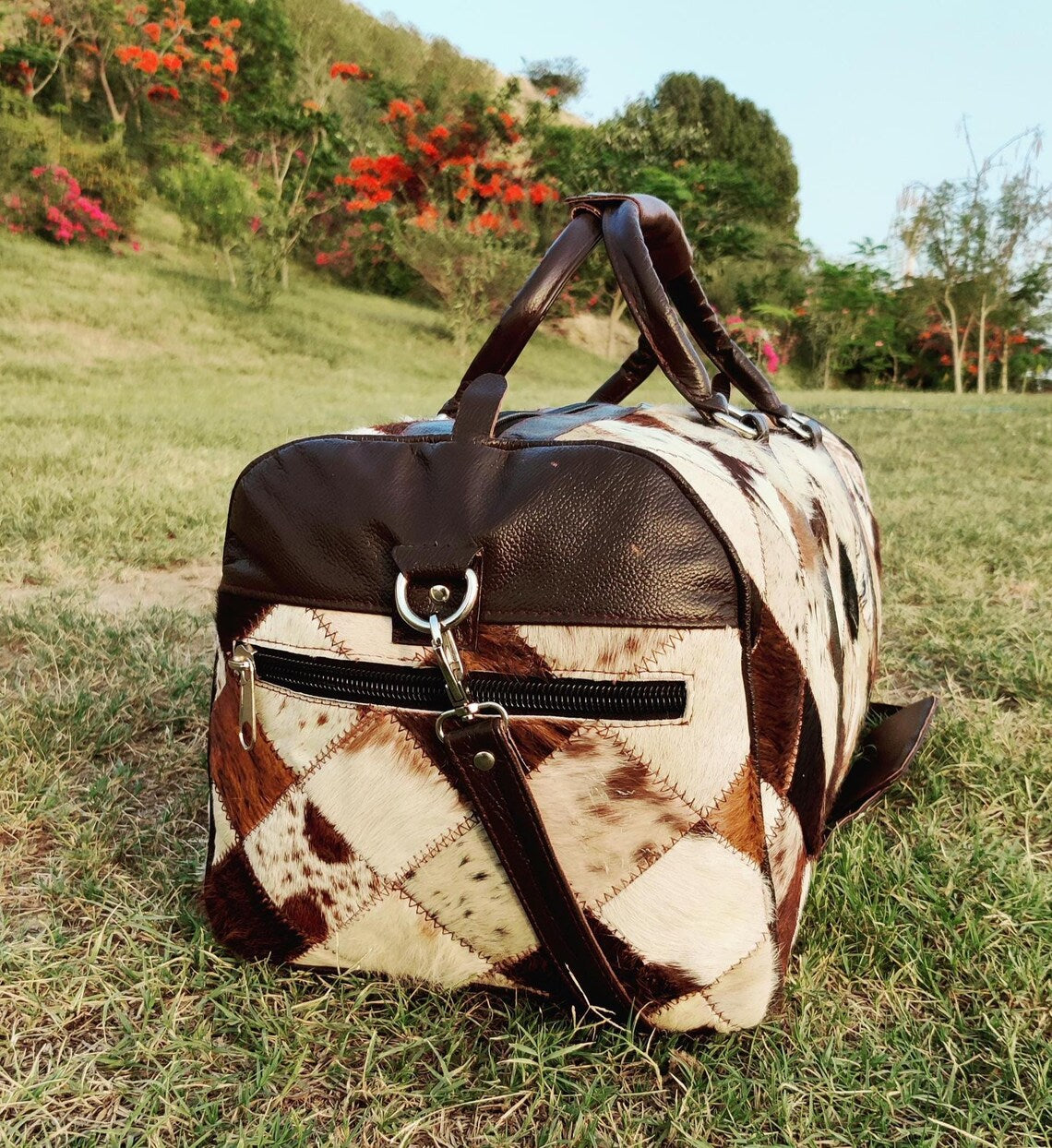 Large Tricolor Cowhide Duffle Bag – Handmade Genuine Leather Patchwork Travel Bag | Hair-on-Hide Overnight Weekend Bag for Men & Women by Pinnacle Vista