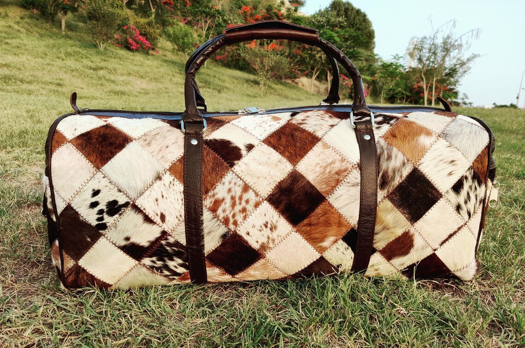 Large Tricolor Cowhide Duffle Bag – Handmade Genuine Leather Patchwork Travel Bag | Hair-on-Hide Overnight Weekend Bag for Men & Women by Pinnacle Vista