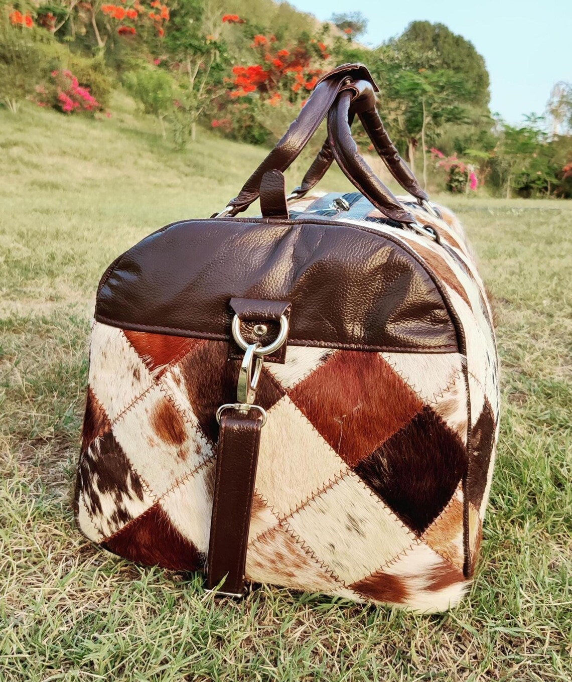 Large Tricolor Cowhide Duffle Bag – Handmade Genuine Leather Patchwork Travel Bag | Hair-on-Hide Overnight Weekend Bag for Men & Women by Pinnacle Vista