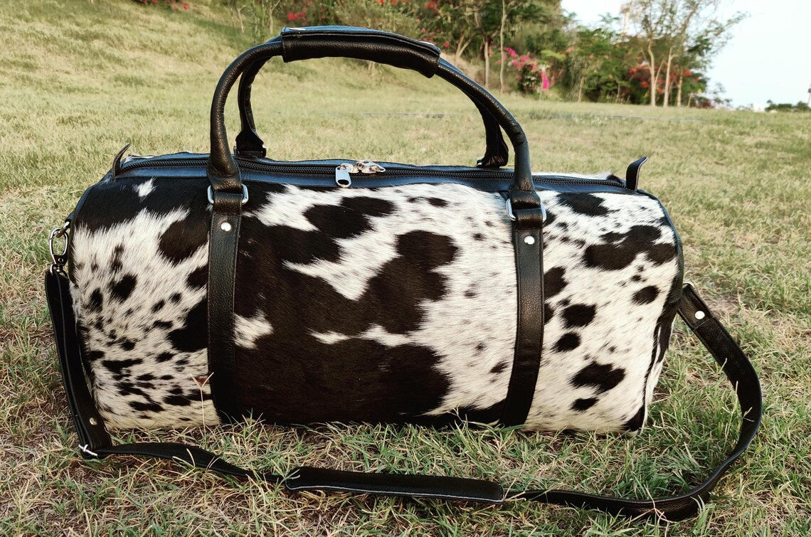 Real Cowhide Leather Duffle Bag – Black & White Hair-on-Hide Travel Shoulder Bag | Western Diaper Bag, Gym Bag, Camping Tote for Men & Women by Pinnacle Vista