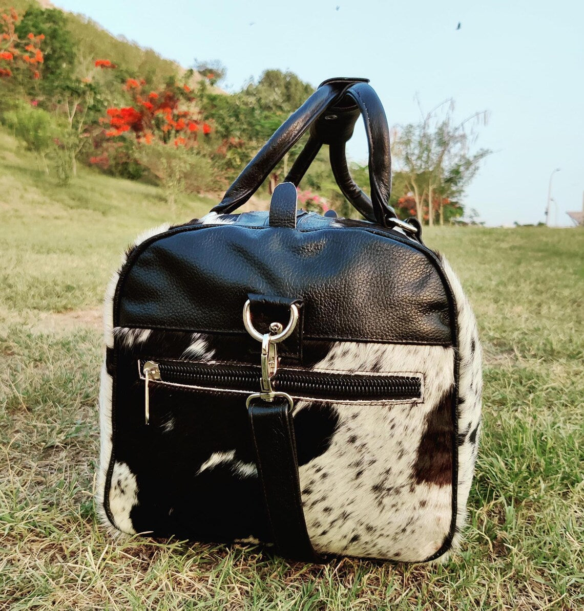 Real Cowhide Leather Duffle Bag – Black & White Hair-on-Hide Travel Shoulder Bag | Western Diaper Bag, Gym Bag, Camping Tote for Men & Women by Pinnacle Vista