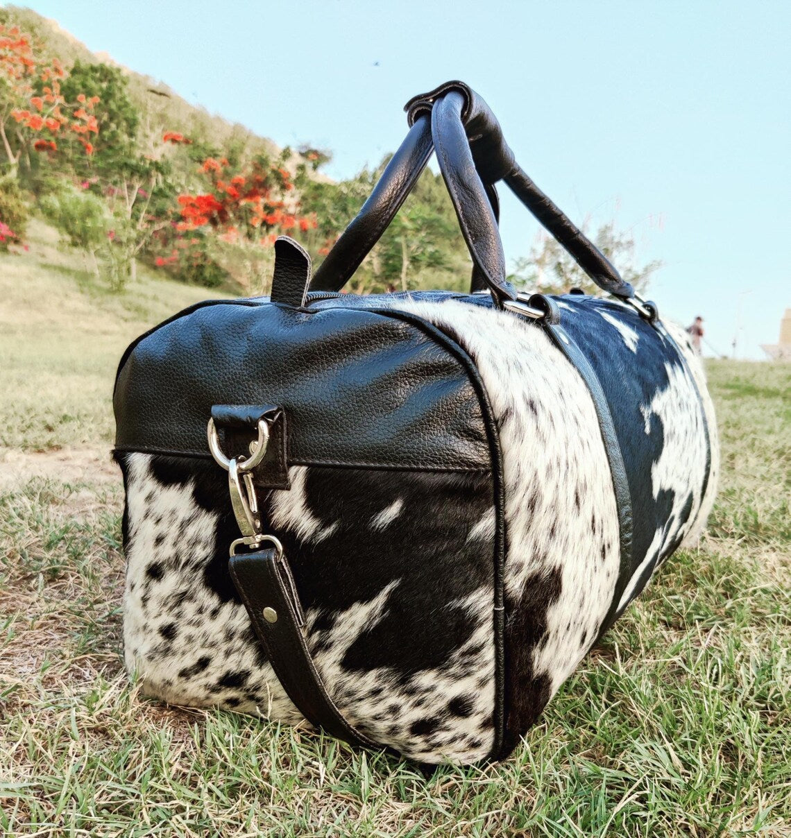 Real Cowhide Leather Duffle Bag – Black & White Hair-on-Hide Travel Shoulder Bag | Western Diaper Bag, Gym Bag, Camping Tote for Men & Women by Pinnacle Vista