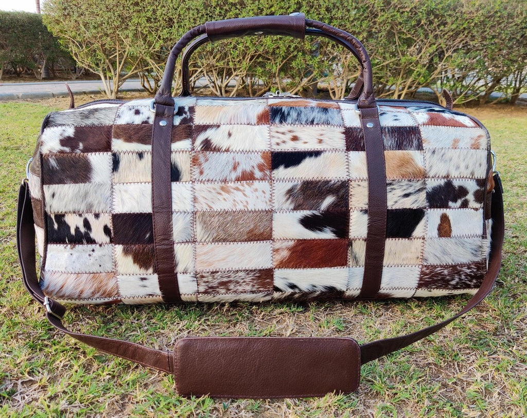 Patchwork Cowhide Leather Duffel Bag – Large Handmade Travel Weekender Bag | Black & White Hair-on-Hide Genuine Leather Overnight Tote by Pinnacle Vista