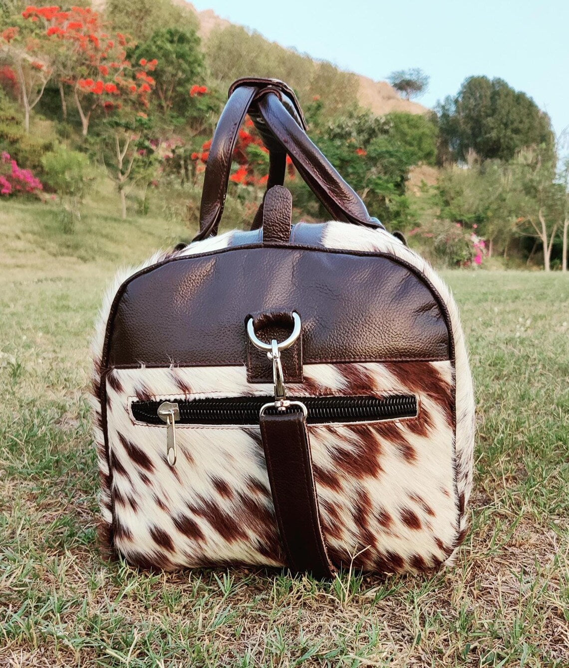Tricolor Cowhide Leather Duffle Bag – Genuine Hair-on-Hide Large Travel Tote | Handmade Gym, Weekend, & Overnight Bag for Men & Women by Pinnacle Vista
