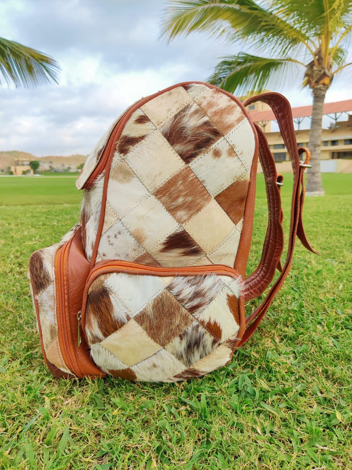 Tricolor Cowhide Patchwork Backpack – Real Leather Travel Bag | Diaper Bag | School Bag | Shoulder Bag | Western-Style Gift for Mom & Kids