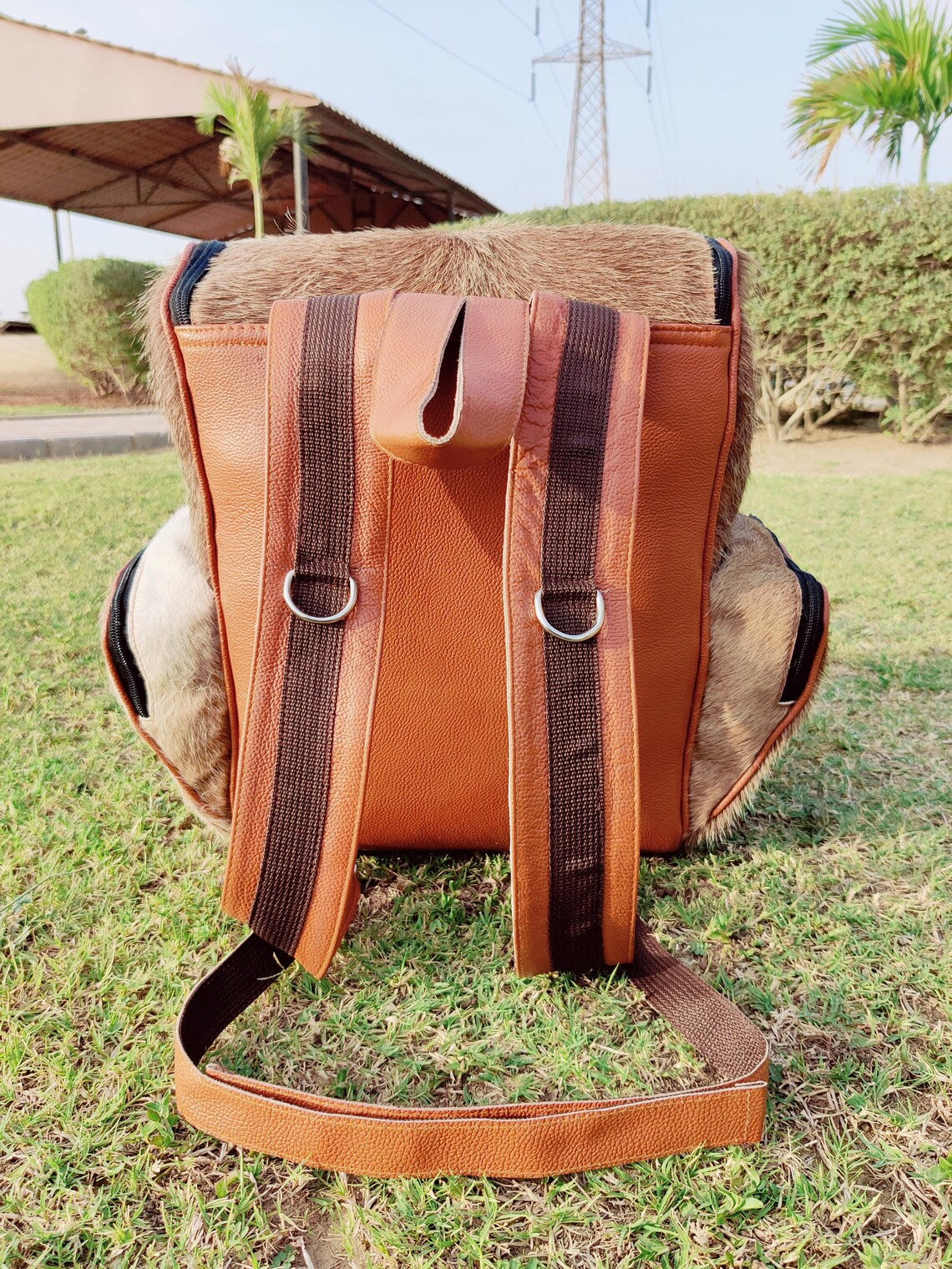 Natural Brown & White Cowhide Backpack – Real Leather Travel Bag, Diaper Bag, School or Shoulder Bag | Handmade Brindle Backpack Gift for Dad or Mom