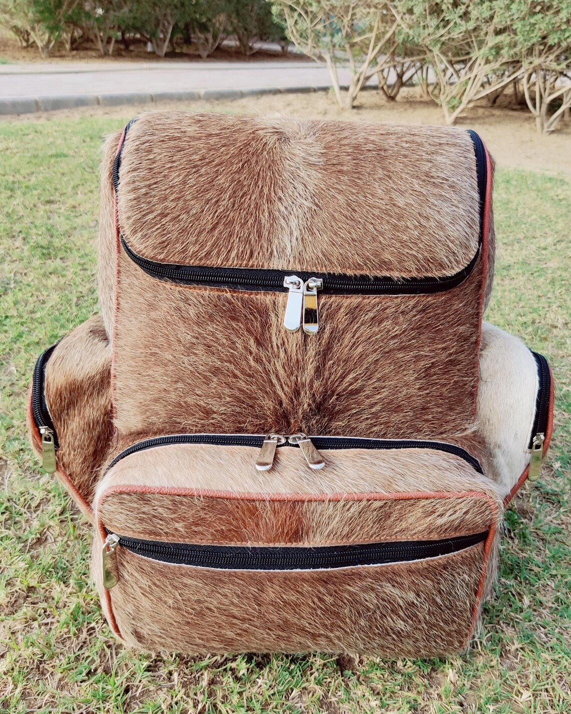 Natural Brown & White Cowhide Backpack – Real Leather Travel Bag, Diaper Bag, School or Shoulder Bag | Handmade Brindle Backpack Gift for Dad or Mom