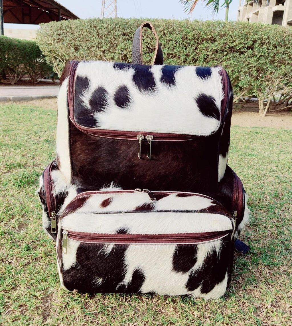 Real Tricolor Cowhide Leather Backpack – Handmade Hair-On Hide Black White Travel Bag | Panda Print Diaper Bag | Genuine Cowskin Shoulder Bag BG11
