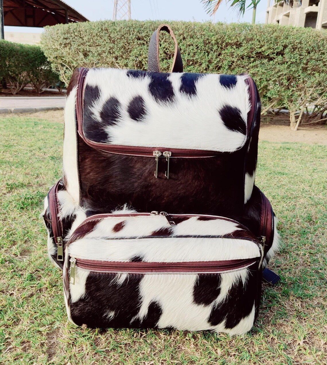 Real Tricolor Cowhide Leather Backpack – Handmade Hair-On Hide Black White Travel Bag | Panda Print Diaper Bag | Genuine Cowskin Shoulder Bag BG11