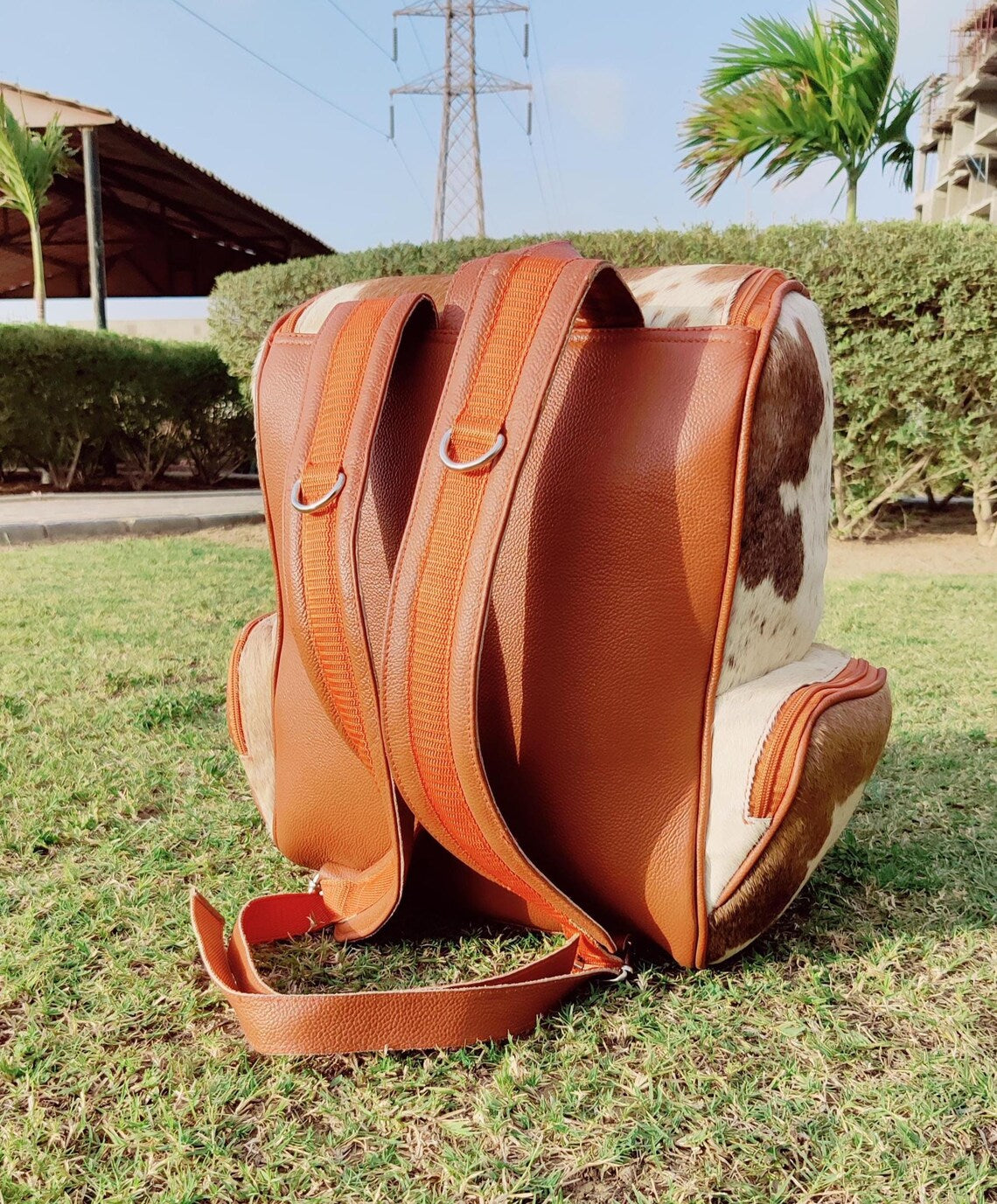 Real Cowhide Leather Backpack – Rustic Brindle Hair-On Hide Western Travel Bag | Handmade Rucksack Gift for Him or Her | SAME AS Picture