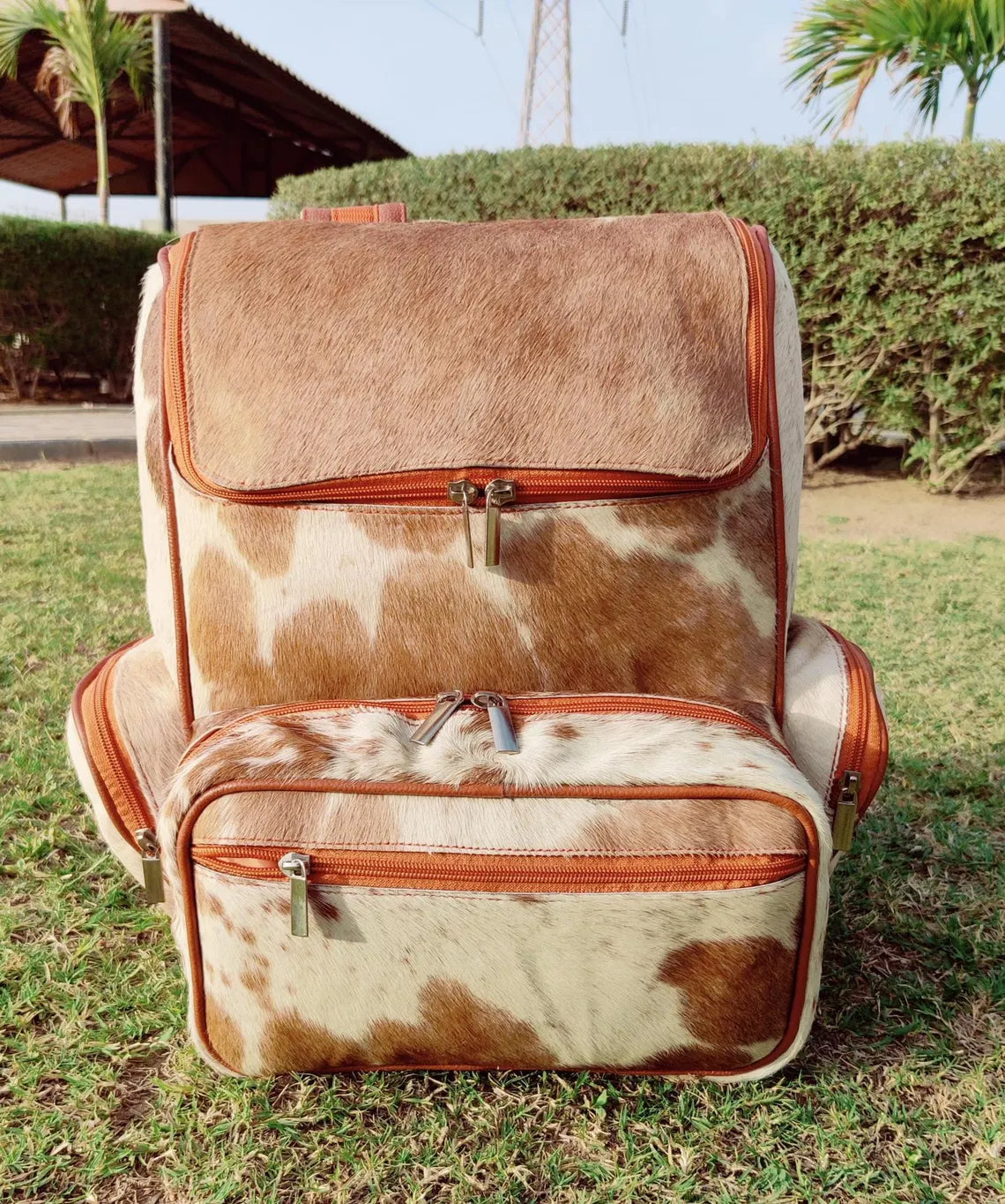 Brown & White Cowhide Backpack – Real Leather Travel Bag, School Bag, Diaper Bag | Western Shoulder Backpack | Unique Gift for Mom & Kids (BG05)