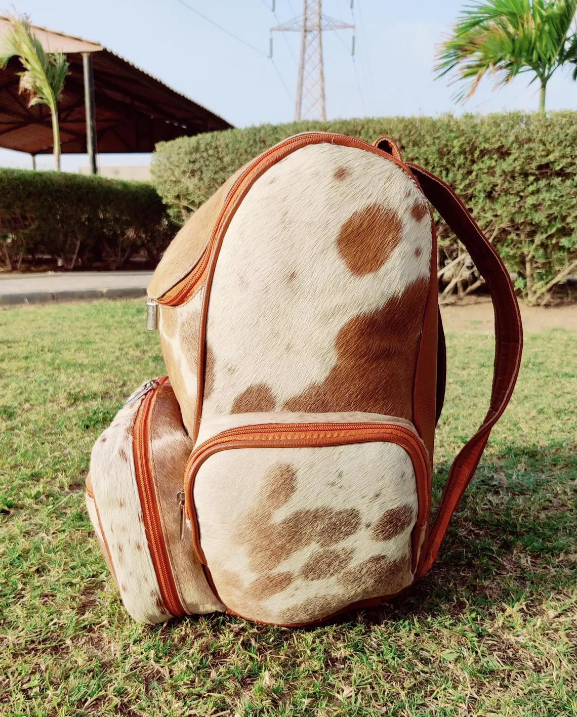 Brown & White Cowhide Backpack – Real Leather Travel Bag, School Bag, Diaper Bag | Western Shoulder Backpack | Unique Gift for Mom & Kids (BG05)