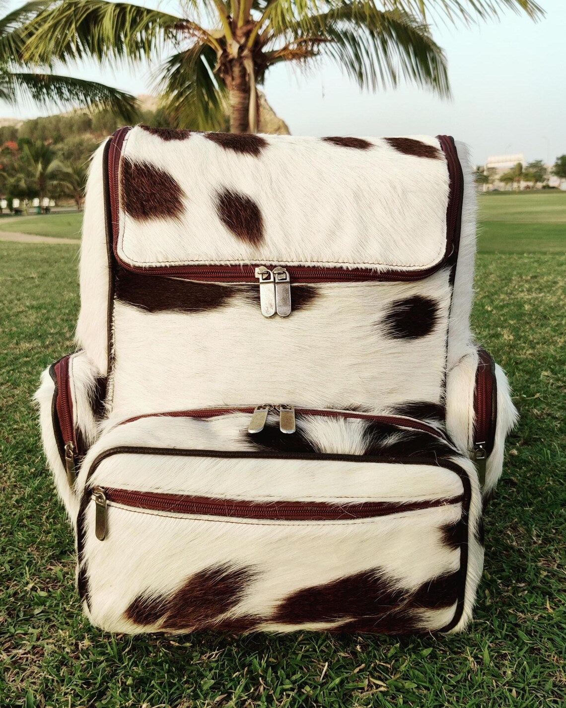 Black & White Cowhide Leather Backpack – Handmade Hair-on-Hide Travel, School, Diaper Bag | Western Shoulder Bag Gift for Mom or Kids
