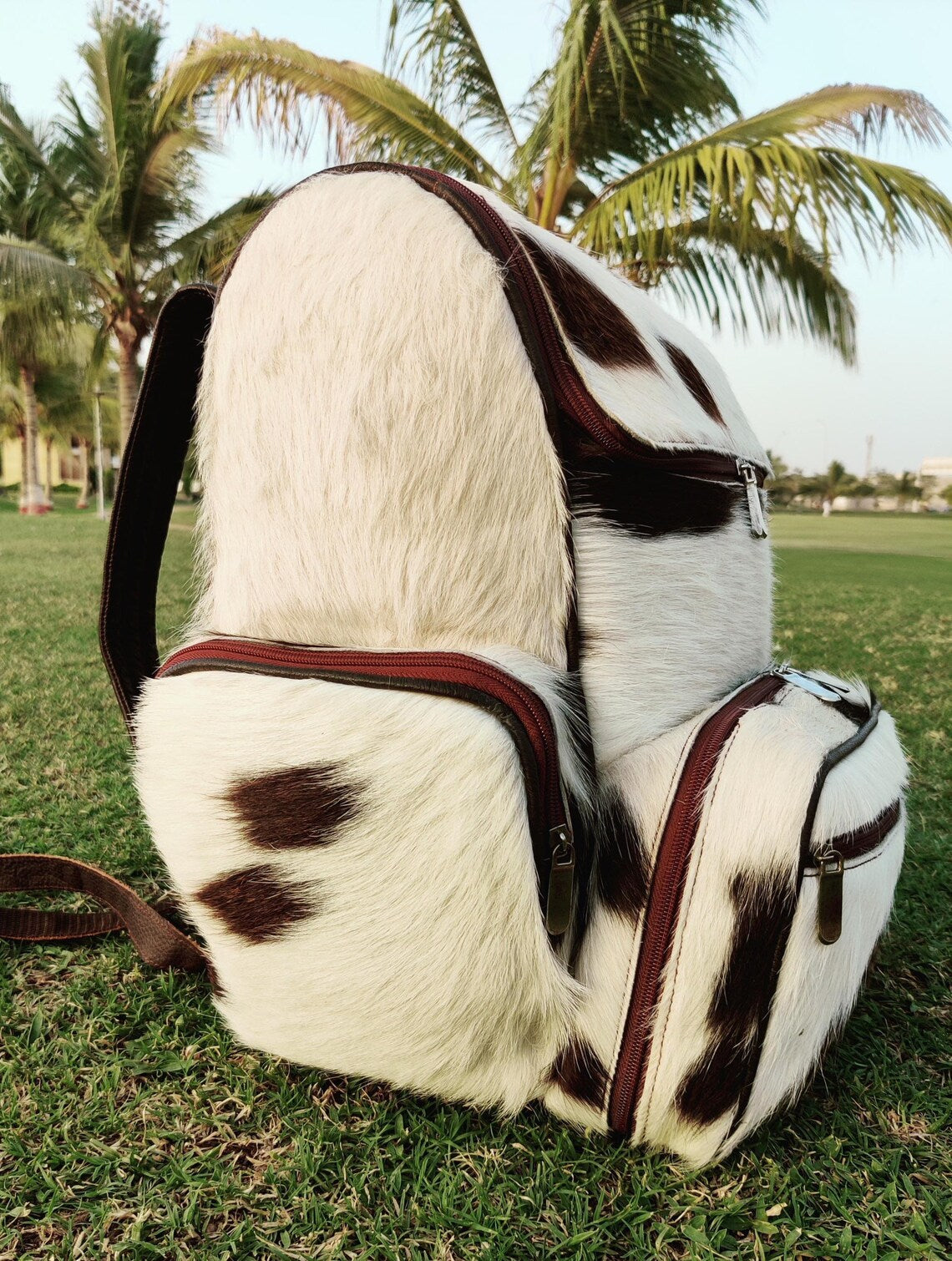 Black & White Cowhide Leather Backpack – Handmade Hair-on-Hide Travel, School, Diaper Bag | Western Shoulder Bag Gift for Mom or Kids