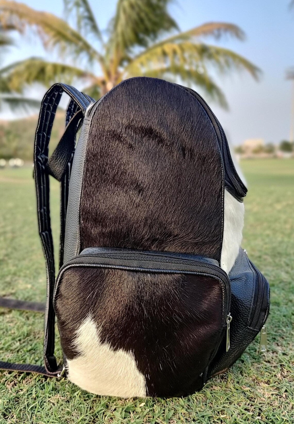 Panda Brindle Cowhide Leather Backpack – Black & White Hair-On Hide Travel Bag | Diaper Bag | School Shoulder Bag | Gift for Mom & Kids – BG06