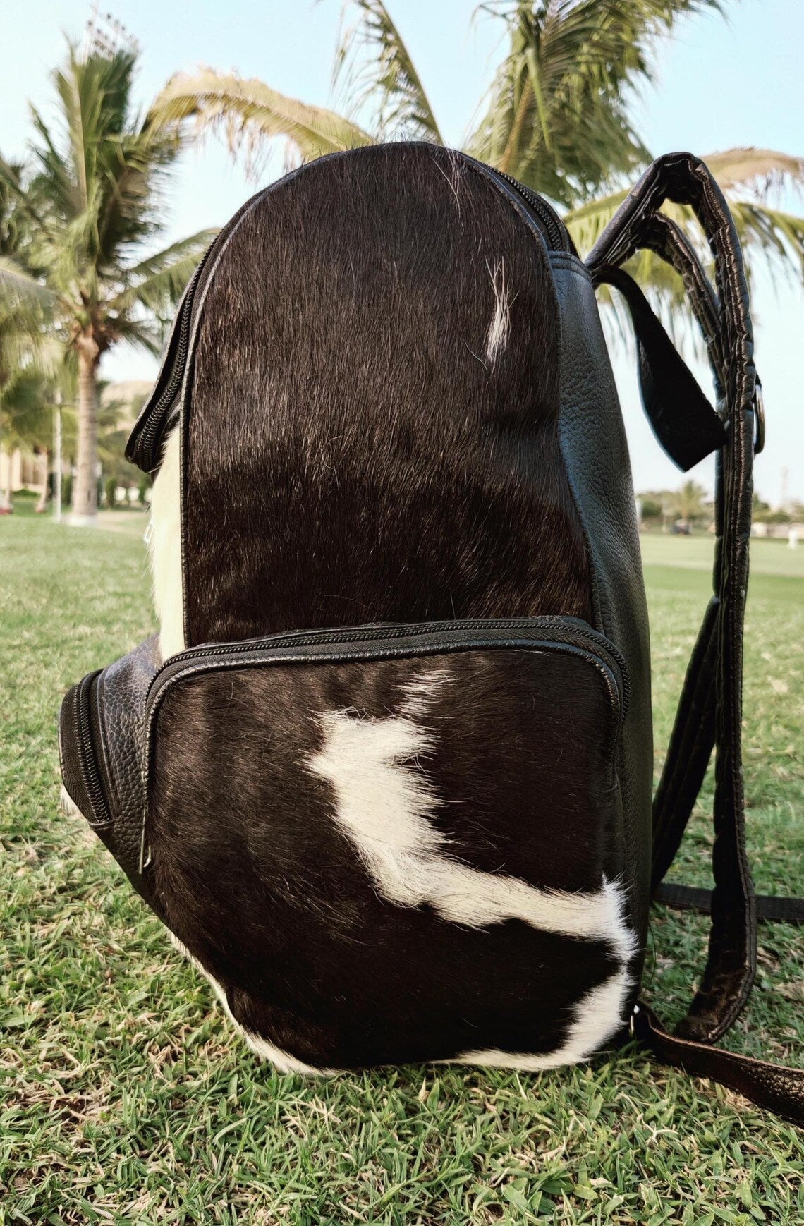 Panda Brindle Cowhide Leather Backpack – Black & White Hair-On Hide Travel Bag | Diaper Bag | School Shoulder Bag | Gift for Mom & Kids – BG06
