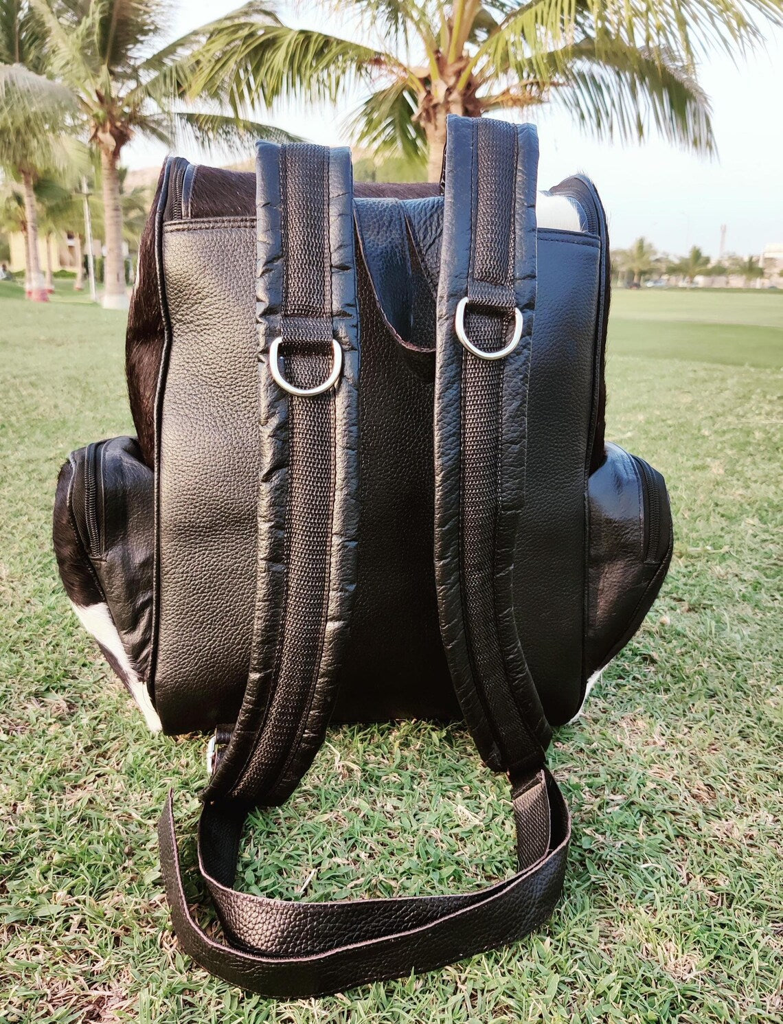 Panda Brindle Cowhide Leather Backpack – Black & White Hair-On Hide Travel Bag | Diaper Bag | School Shoulder Bag | Gift for Mom & Kids – BG06
