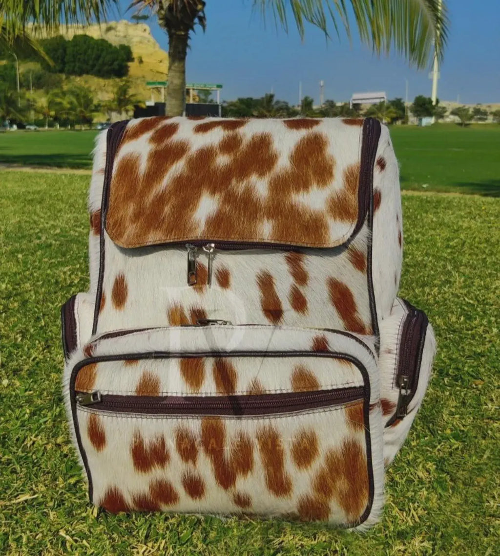 Tricolor Cowhide Leather Backpack – Handmade Hair-On Hide Travel Bag, Western School Diaper Bag, Gift for Mom & Kids | Pinnacle Vista (BG-02)