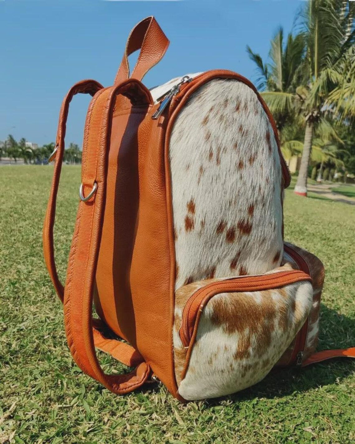 Tricolor Brindle Cowhide Leather Backpack – Handmade Western Travel Bag, School Diaper Bag, Unique Gift for Mom or Kids | BG10