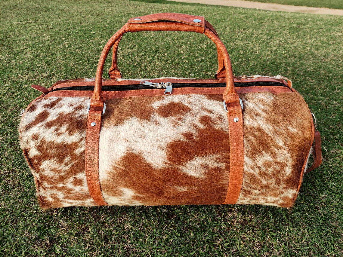 Cowhide Leather Duffel Bag – Genuine Brown & White Hair-on-Hide Weekend Travel Bag | Handmade Large Overnight Tote for Men & Women by Pinnacle Vista