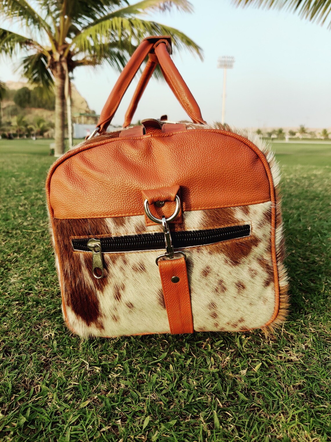 Cowhide Leather Duffel Bag – Genuine Brown & White Hair-on-Hide Weekend Travel Bag | Handmade Large Overnight Tote for Men & Women by Pinnacle Vista